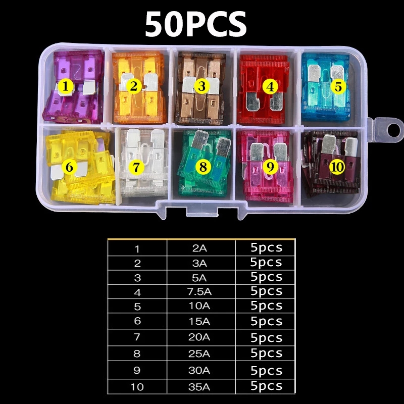 100PCS 50PCS Car Fuses 2A 3A 5A 75A 10A 15A 20A 25A 30A 35A Amp with Box Clip Assortment Auto Blade Type Fuse Set Truck