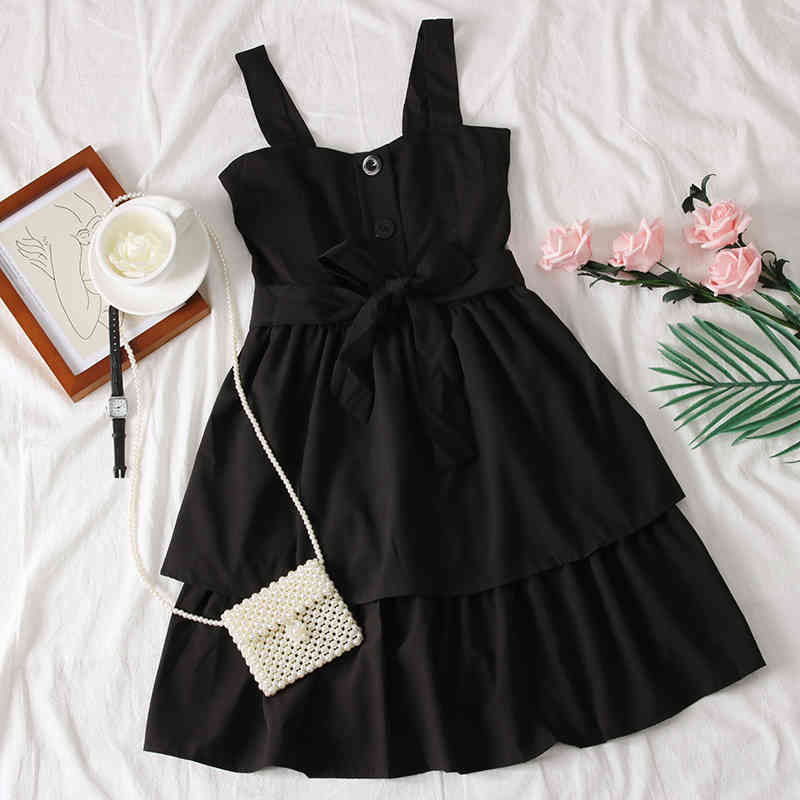 Solid Bow Bandage Sweet Student Women Dress Casual Spring Summer Dresses A-line High Waist Vestidos 210521