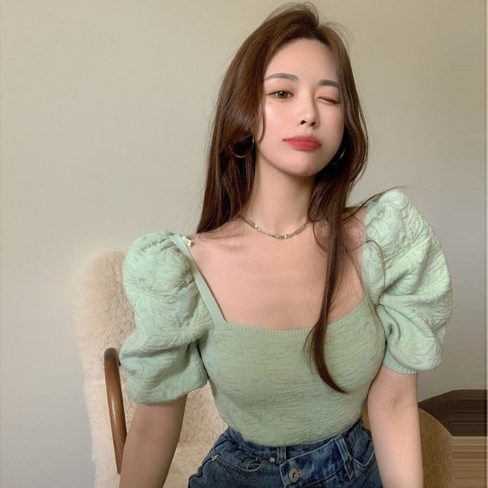 Square Collar Vintage Knitted T-shirt Women Korean Chic Floral Jacquard Puff Sleeve Summer Thin Knitwear Crop Top Tshirts 210519