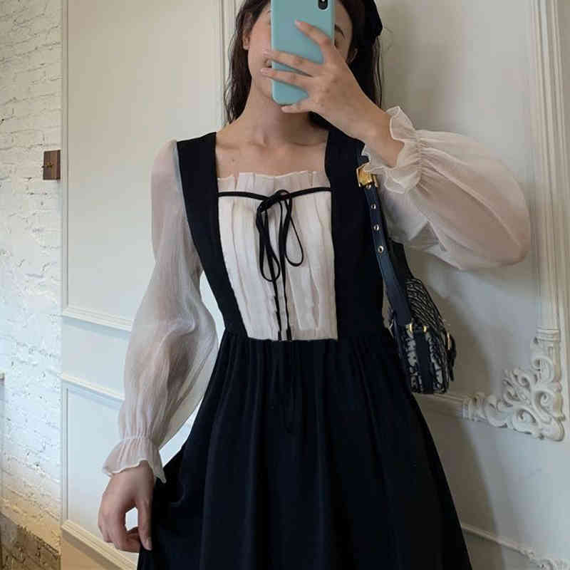French Elegant Dress Women Vintage Square Collar Long Sleeve Fairy Dress Lace-Up Chic Party Dress Korean Autumn 210521