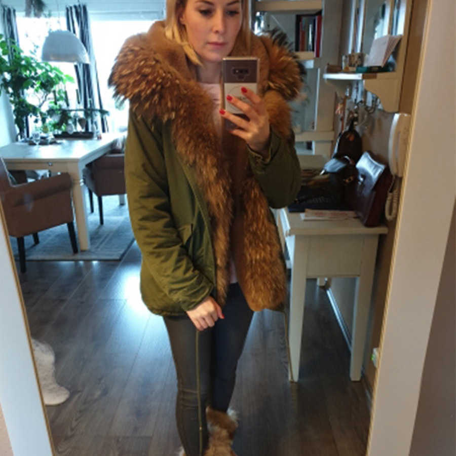 MAOMAOKONG Winter Clothes Women Natural fur coat Real Raccoon Fur Collar Parkas Faux Fur Lining Short Jacket Women Coat 211019