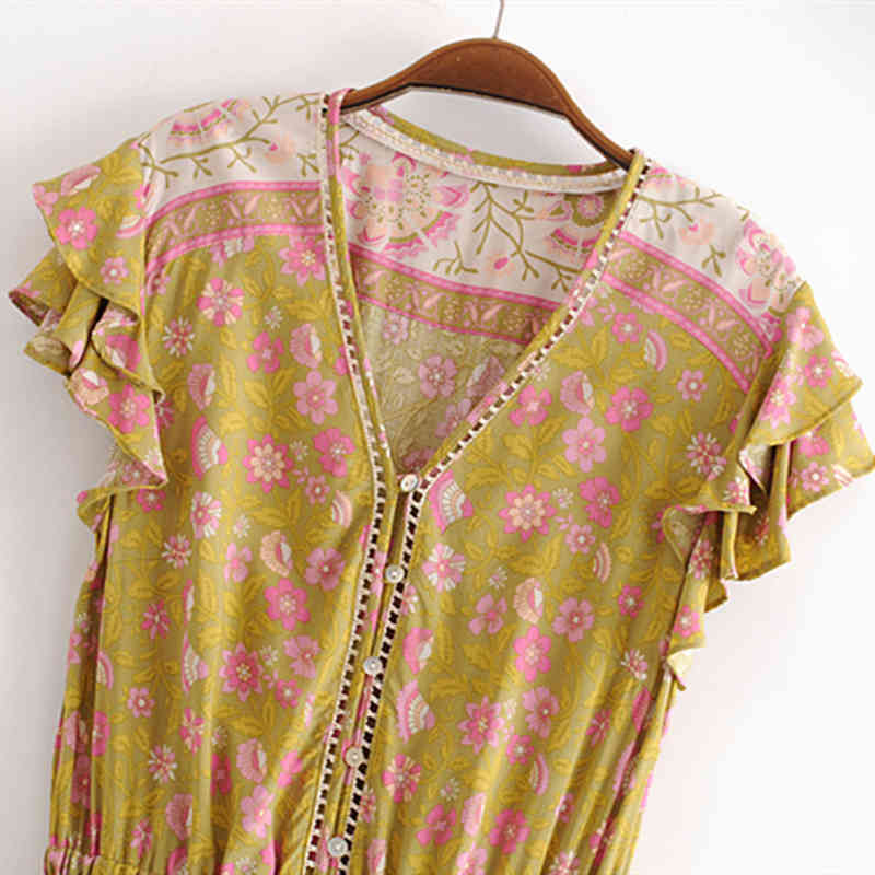 beauty Holiday Chic Floral Print Midi Dress Women Boho Style Fashion Cascading Ruffle Hollow Out Dresses Female 210514