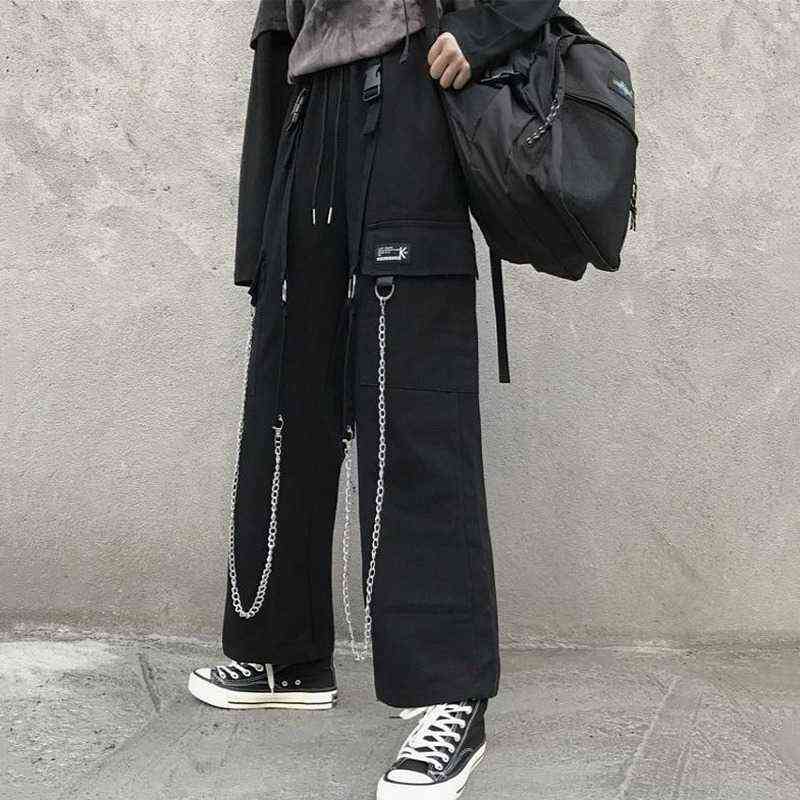 QWEEK Gothic Harajuku Cargo Pant Punk Chain Wide Leg Korean Style Oversized Streetwear Trousers Female Techwear Emo 211124