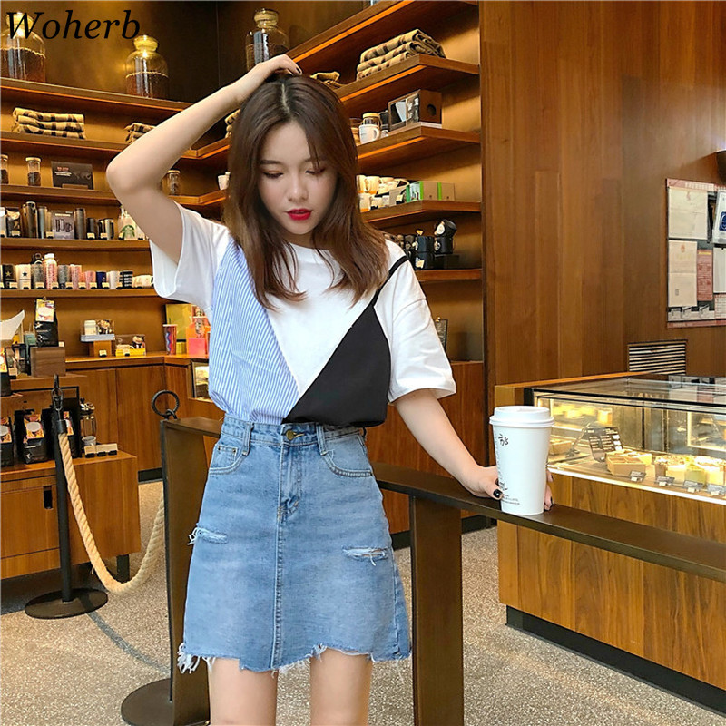 Summer T Shirt Women Striped Patchwork Contrast Tee Tops O-Neck Tshirts Korean Kawaii Short Sleeve Rops Femme 210519