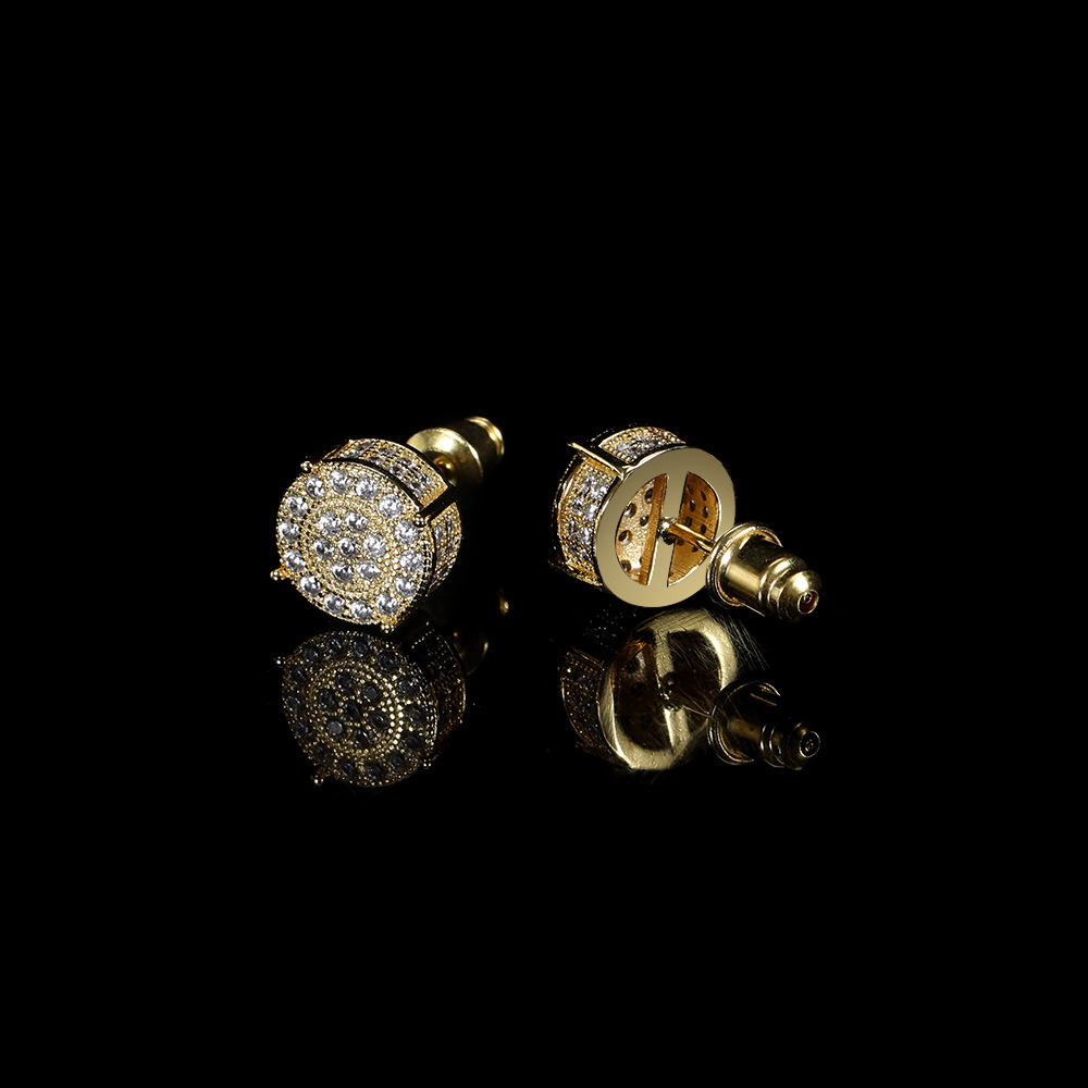 Hip Hop Round Stud Earring Bling 18K Real Gold Plated Prevent Allergy Earrings for Men Women Gift