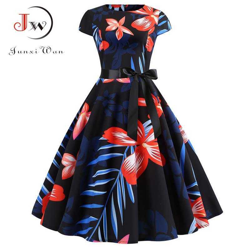 Women Vintage Dress Summer Floral Print Short Sleeve Dresses 50s 60s Office Party Rockabilly Swing Retro Pinup Plus Size 210623