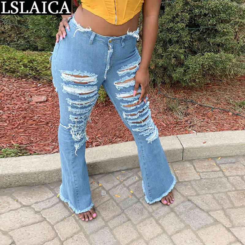 Pants Women Casual Plus Size Button Zipper Trousers Fashion Personality Hole Slim Flare Jeans Pantalones Para Mujer 210515