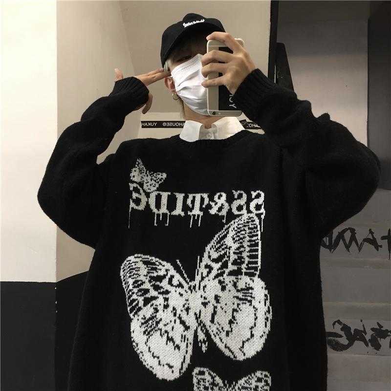 Korean Clothes Round Neck Pullover Harajuku Sweater Men High Street Butterfly Letter Jacquard Retro Loose Couple Clothing 211018
