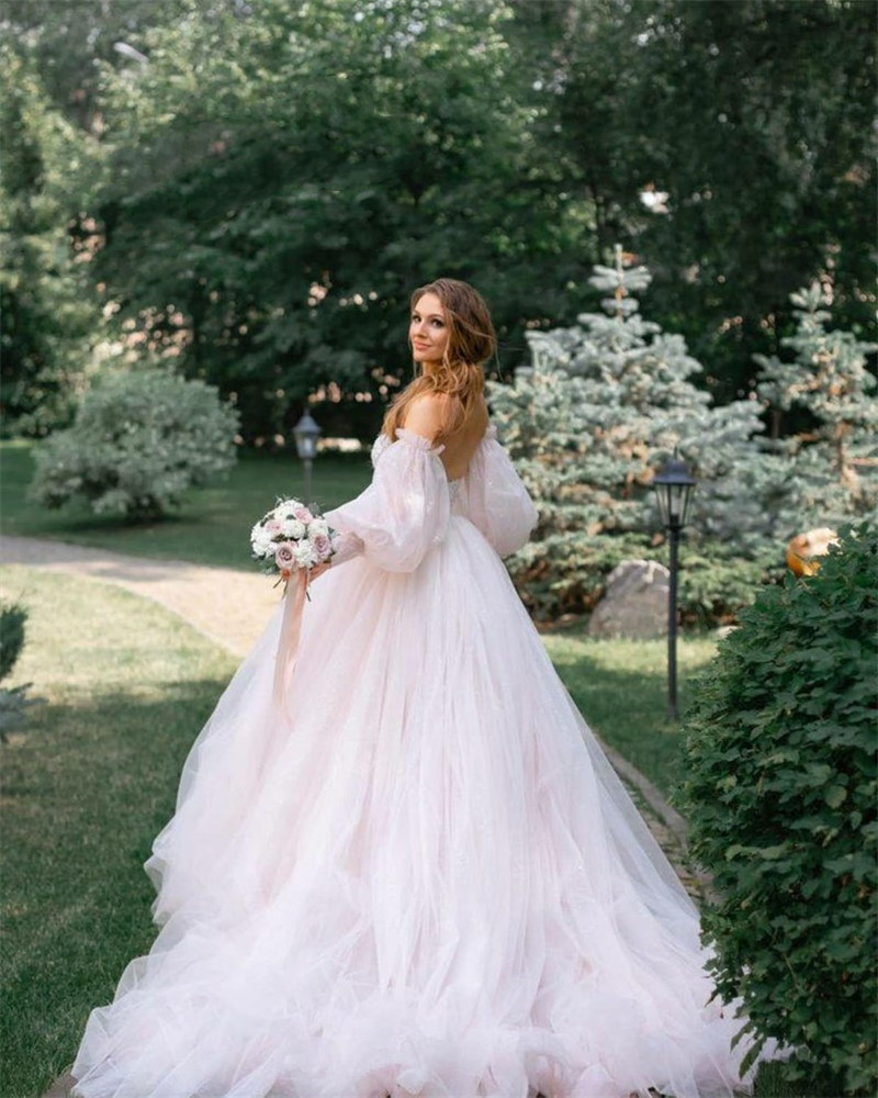 A-Line Boho Wedding Dresses With Detachable Puff Sleeve Bride Dress Glitter Sparkly Lace Bridal Gowns Beach Sweetheart Long Vestidos De Novia