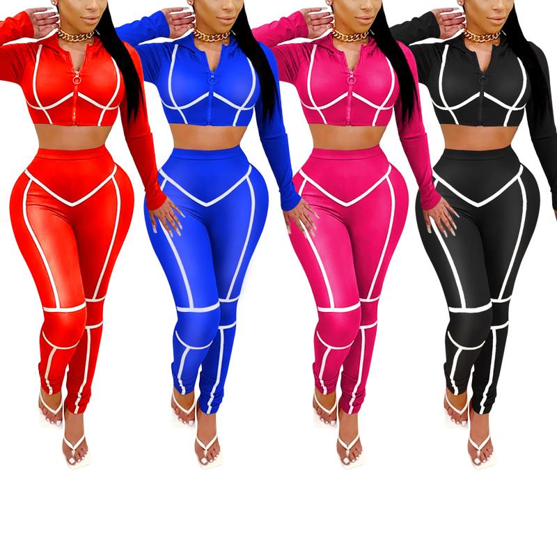 Women's Two Pieces Sports Suit Long Sleeve Hooded Zipper Crop Top Tight Pants For Daily And Exercise Tracksuit Outfits Sets Tracksuits