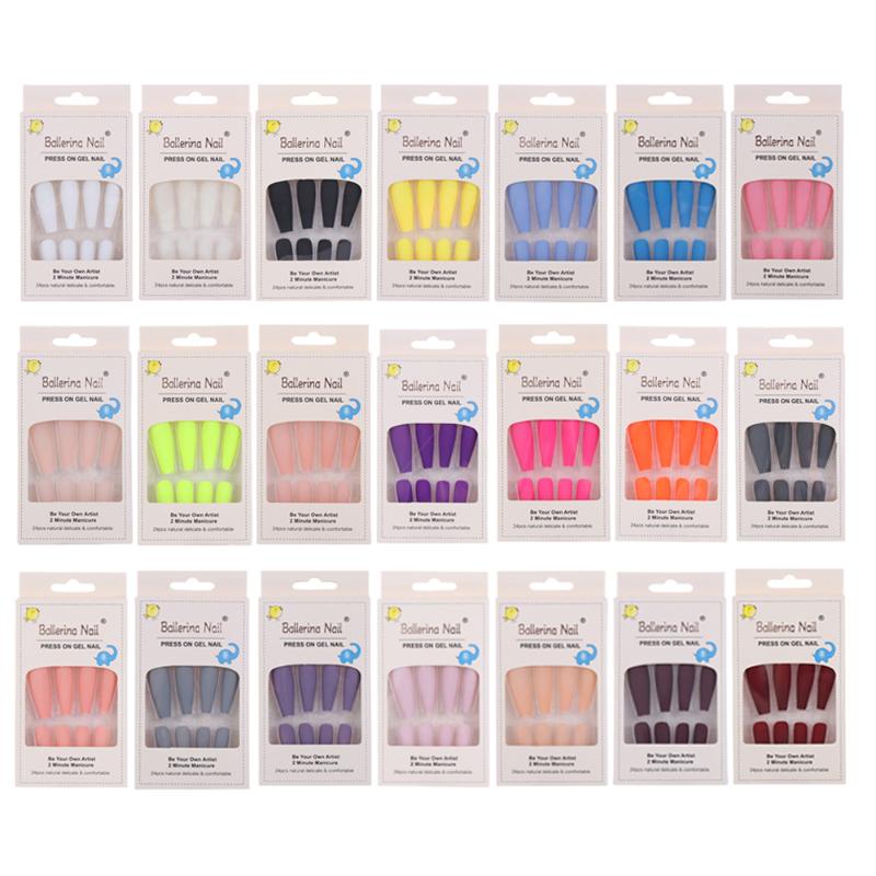 False Nails Upgraded Version 24Pcs Matte Long Ballerina Tips Colorful Coffin Full Cover Fake With Glue Nail Art Decor