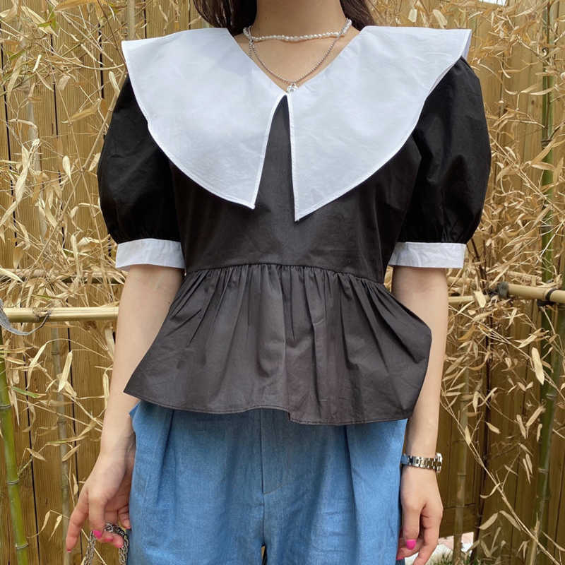 Korejpaa Women Shirt Summer French Sweet Age-Reducing Doll Collar Contrast Stitching Loose Hem Ruffled Puff Sleeve Blouses 210526
