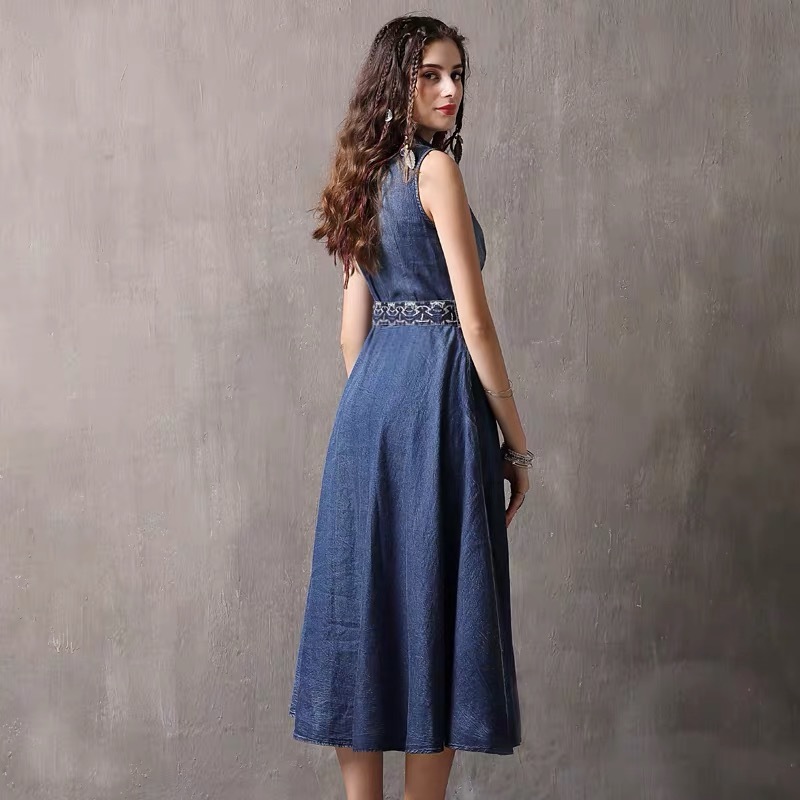 elegant v-neck denim single breasted dress femmal casual daily maxi dresses with belt summervestidos chic plus size 2XL 210421