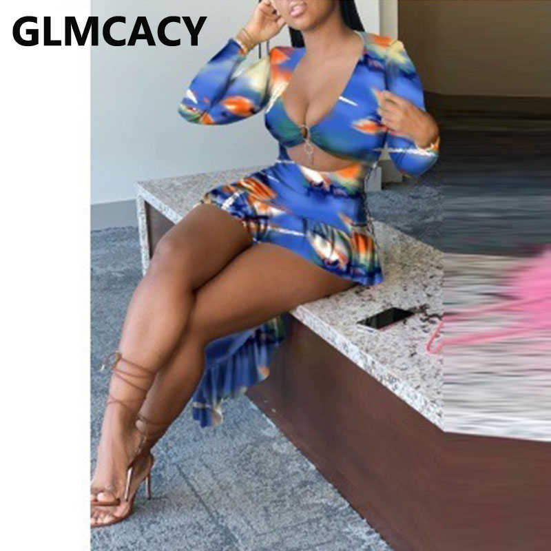Women Long Sleeve Plunge V-neck Asymmetrical Hem Sexy Dress 210702