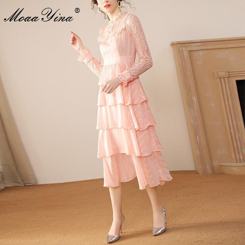 Fashion Runway dress Spring Women Dress Lace Stand collar Mesh Long sleeve Cascading Ruffle Elegant Party Cake Dresses 210524