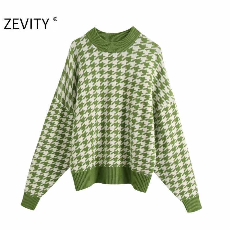 ZEVITY women vintage houndstooth pattern pullovers knitting sweater ladies batwing sleeve casual autumn sweaters chic tops S410 210603