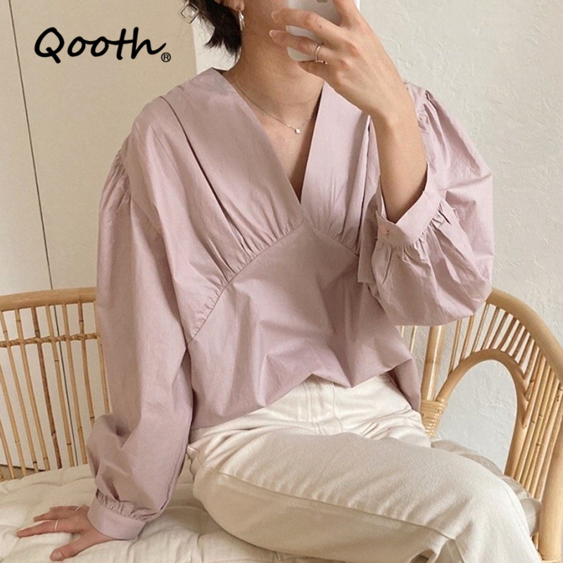 Qooth Retro Pleated V-neck Lantern Sleeve Shirt Womens Loose Long-sleeved Solid Shirt Straight Slim Fashion Pullover Tops QT648 210518, White
Qooth Retro Pleated V-neck Lantern Sleeve Shirt Womens Loose Long-sleeved Solid Shirt Straight Slim Fashion Pullover Tops QT648 210518, White