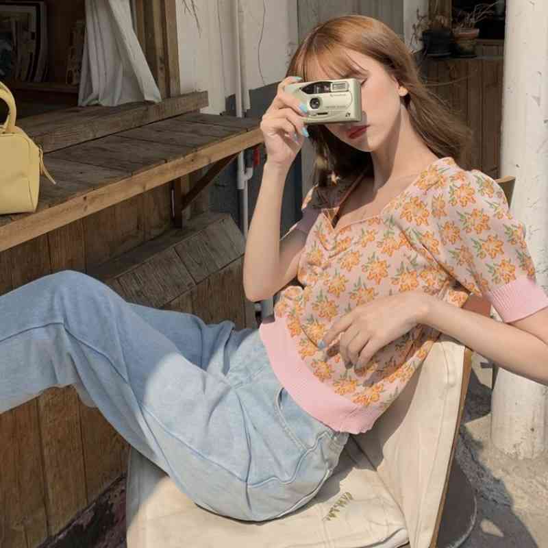 Stretch Knit Jacquard Crop Top Korean Square Neck Sweet Pullover T Shirt Fresh Temperament Drawstring Short Thin Jumper 210519