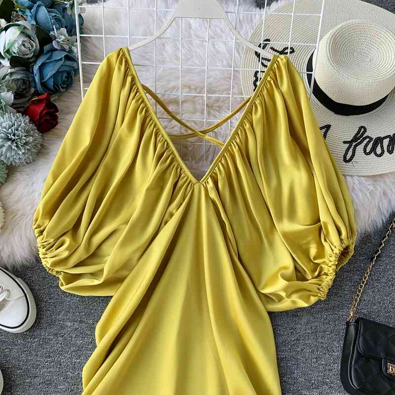 Retro Solid Plated Fashion Vestidos Elegant Korean Puff Sleeve Women Dress Summer V-neck Midi Dresses 210521