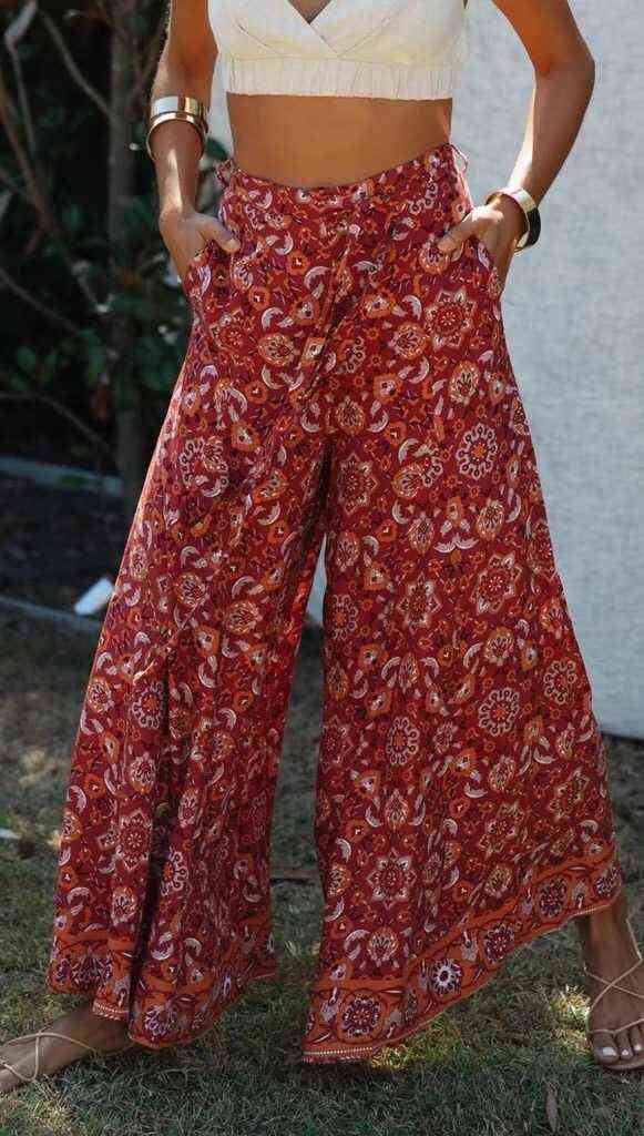Bohemian Orange Totem Flower print Wide Leg Pants Ethnic Woman Holiday Elastic Waist Bow Full length Trousers Femme Casual 211115