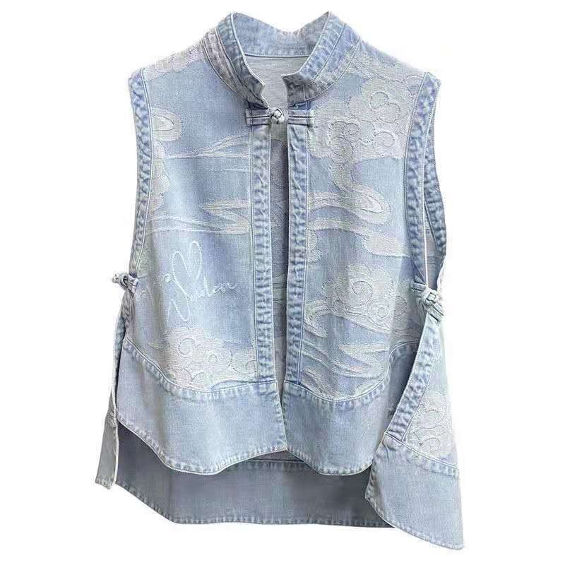 Spring/autumn Arts Style Women Loose Casual Single Button Embroidery Vest Cotton Denim Mandarin Collar Patchwork W301 210512