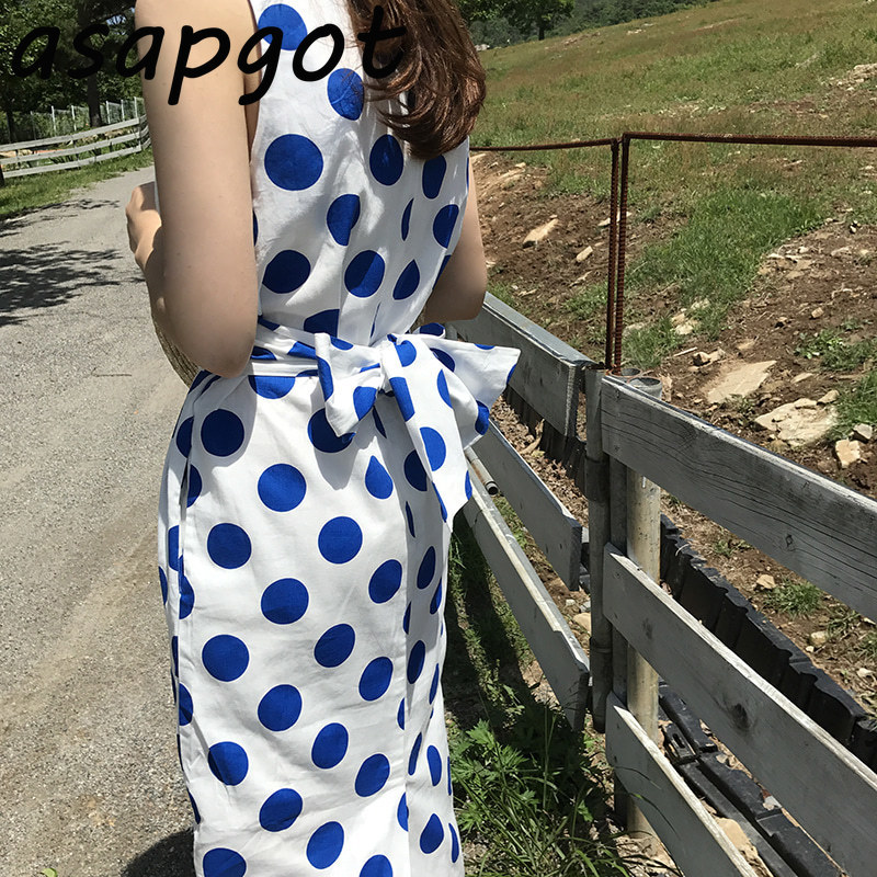 Summer O Neck Cotton and Linen Bow Sleeveless Tank Polka Dot Dress Women Slim Chic Korean Temperament Retro Vestidos Mujer 210429
