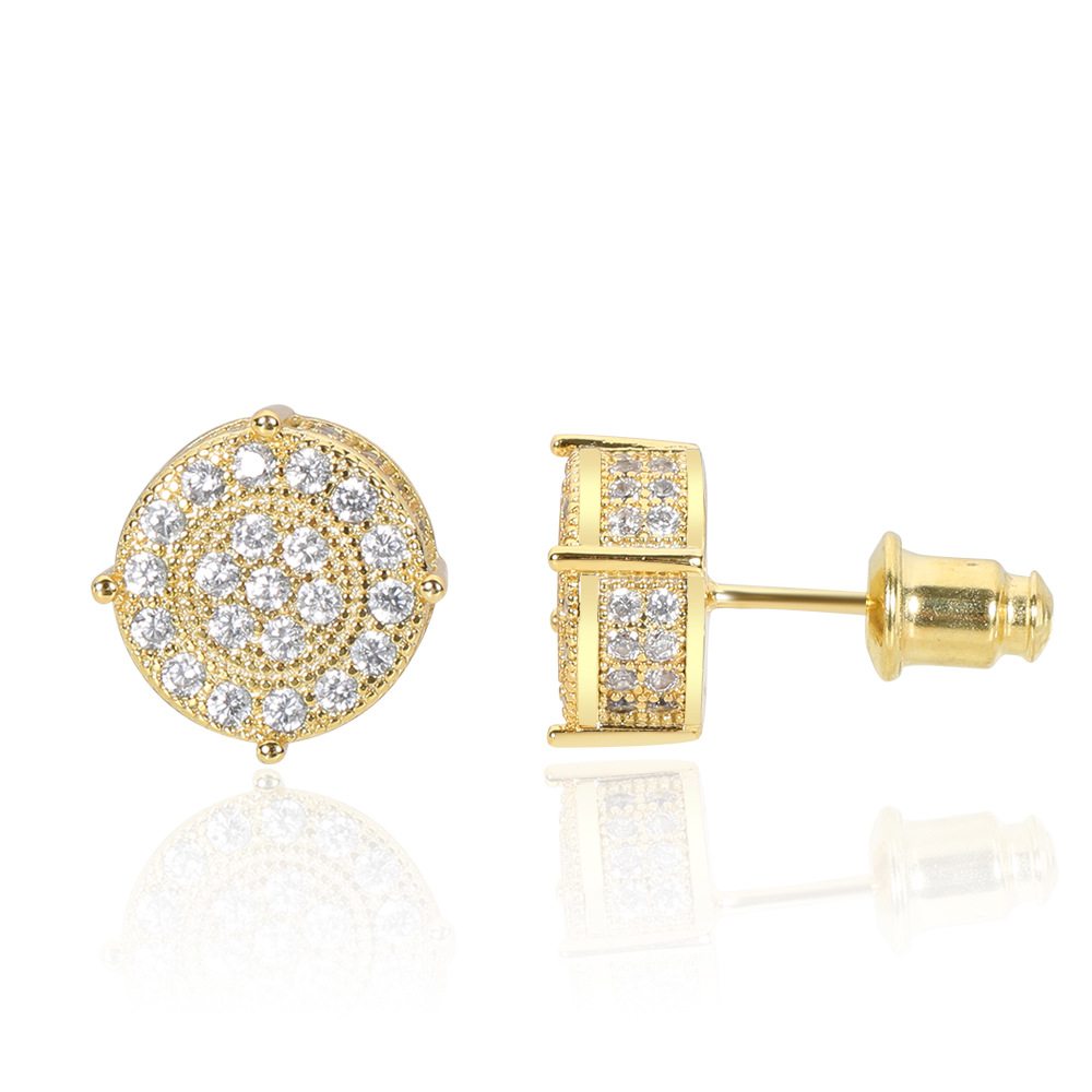 Hip Hop Round Stud Earring Bling 18K Real Gold Plated Prevent Allergy Earrings for Men Women Gift