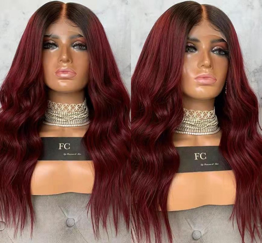 High Temperature Fiber Ombre Red Body Wave Wig Middle Part Natural Long Wavy Synthetic Lace Front Wigs For Women