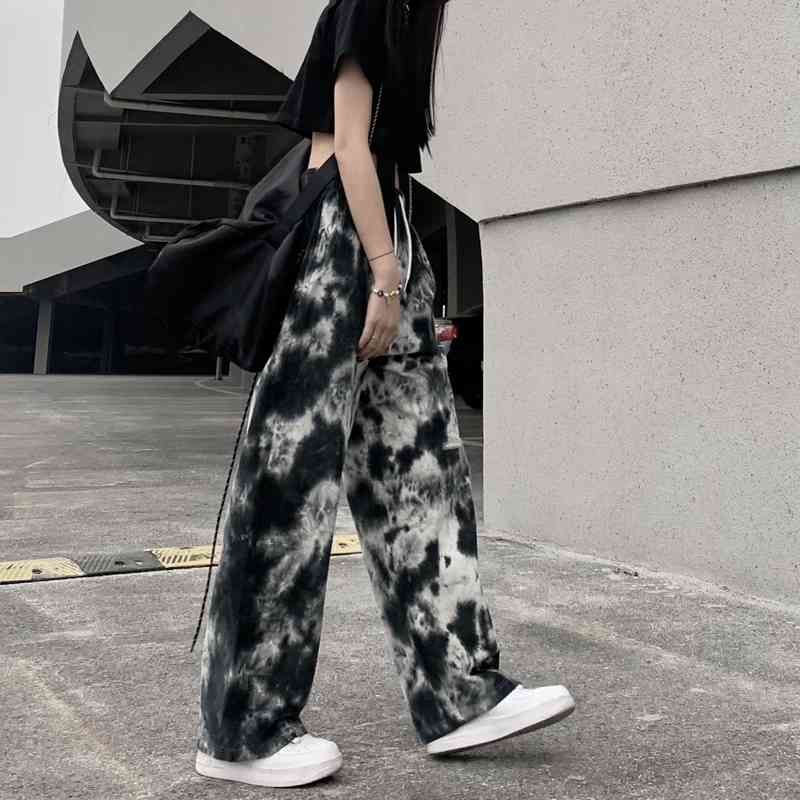 Trendy Tie Dye Pants Women's Spring Drawstring Sports Loose High Waist Printed Wide Leg Female 5B354 210427