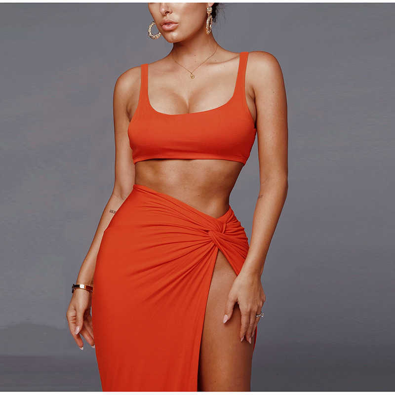 Colysmo Summer Two Piece Set Low Cut Vest Long Skirt Casual Beach Party 2 Women Hight Side Sexy Club Outfits 210527