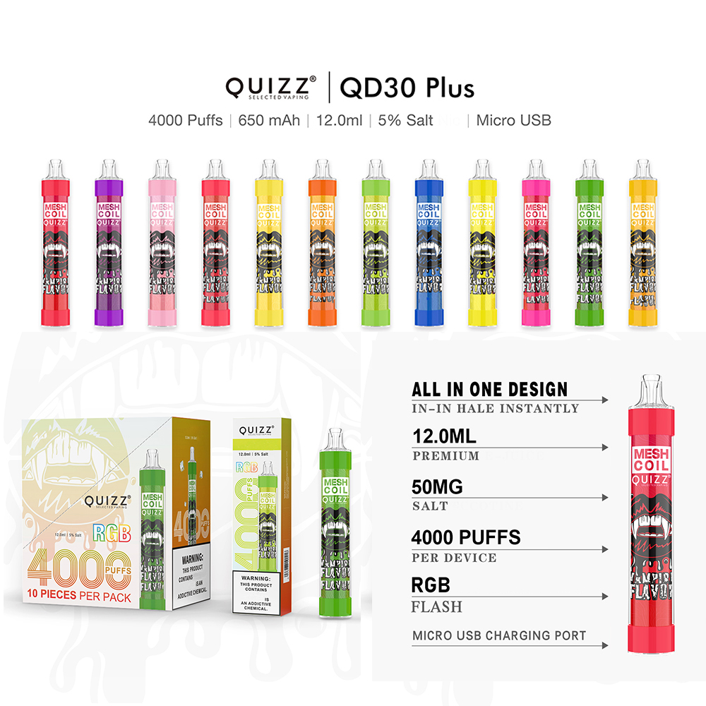 Vapmod QUIZZ QD 30plus Disposable Pod Device Kit E-cigarettes 4000 Puffs 650mAh Rechargable Battery Prefilled 12ml Cartridge Vape Pen 100% Authentic
Vapmod QUIZZ QD 30plus Disposable Pod Device Kit E-cigarettes 4000 Puffs 650mAh Rechargable Battery Prefilled 12ml Cartridge Vape Pen 100% Authentic
