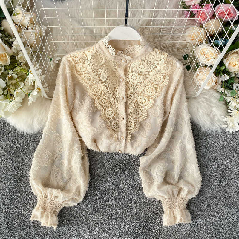 Stand Collar Lace Hook Flower Blouse Elegant Temperament Puff Long Sleeve Single Breast Blusas Autumn Spring Slim Shirt 210601, Beige
Stand Collar Lace Hook Flower Blouse Elegant Temperament Puff Long Sleeve Single Breast Blusas Autumn Spring Slim Shirt 210601, Beige