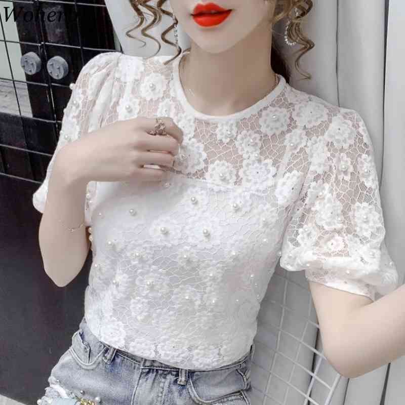 Blusas Mujer Chic Heavy Lace Beading Blouses Women Summer Shirts Temperament Slim Blouse Korean White Tops 95313 210519