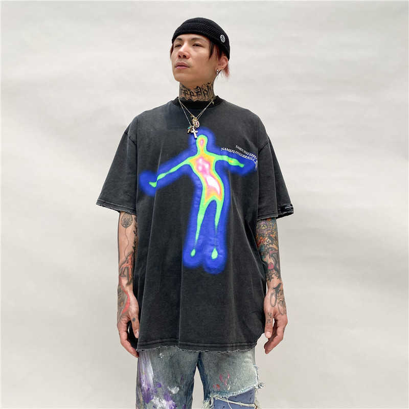 UNCLEDONJM Distorted Portrait Printing Short-Sleeved T-shirt Hip-Hop Summer streetwear oversized retro men t shirt 210629