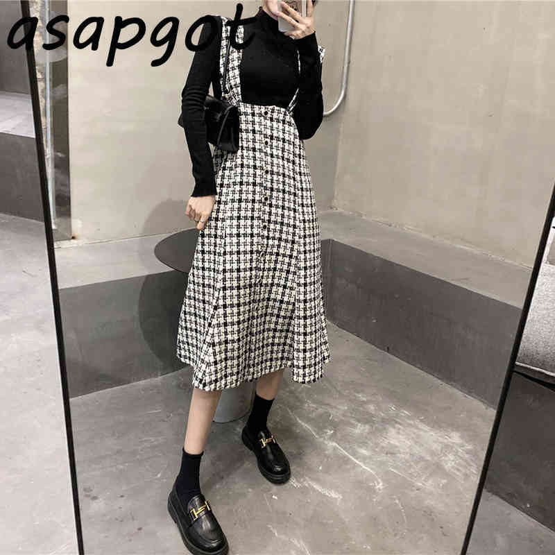 Temperament Slim Plaid Tank Dress Women Autumn Winter Retro Mermaid Turtleneck Puff Sleeve Tshirt Fashion 210429