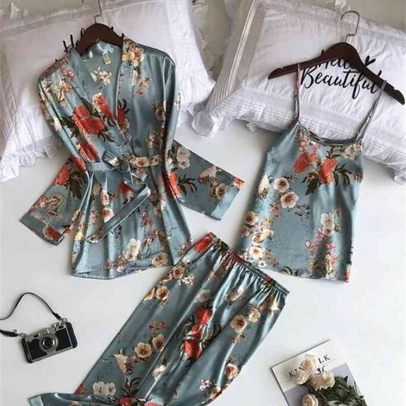 Floral Print Satin Short Shirt Camis Pajama Suits Elastic Waist Wide Leg Pants Women Loose Long Sleeve Blouse Tops 3 Pieces Set 210429
