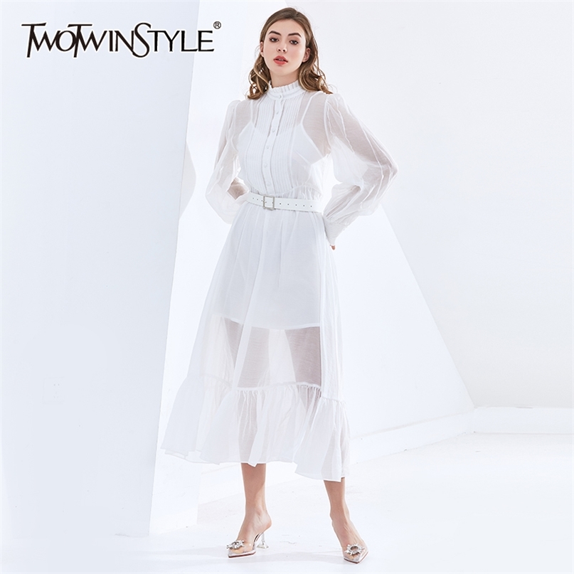 White Minimalist Midi Dress For Women Stand Collar Long Sleeve High Waist Sashes Elegant Dresses Female 210520
White Minimalist Midi Dress For Women Stand Collar Long Sleeve High Waist Sashes Elegant Dresses Female 210520
