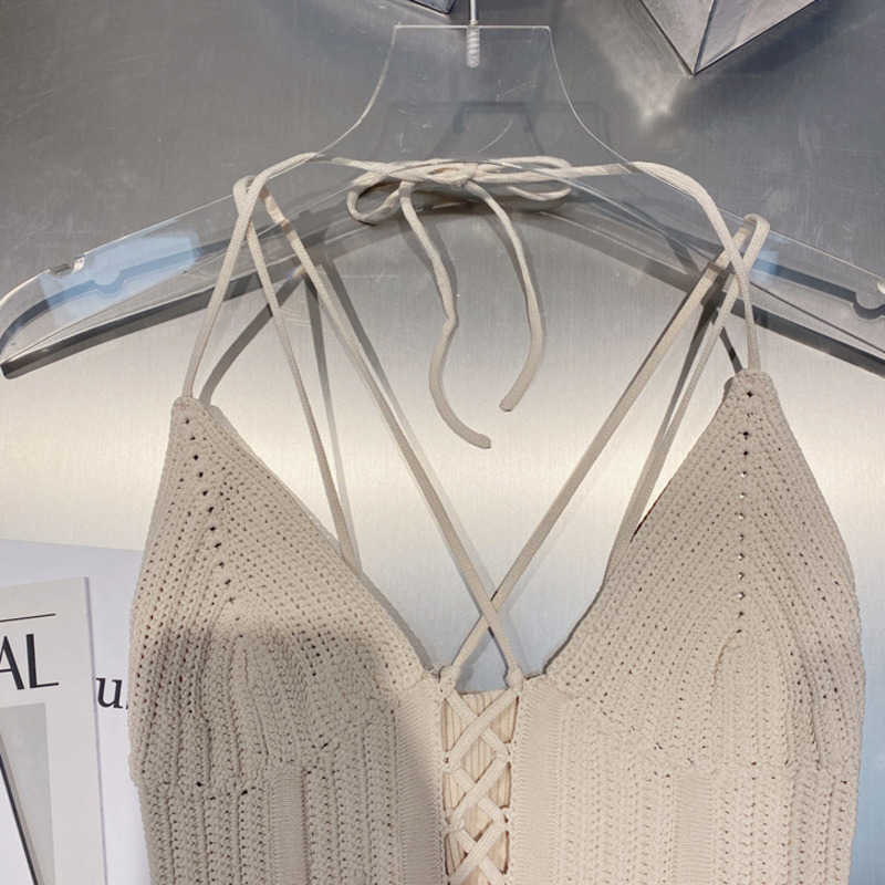 DEAT Women Knitted Bandage V-neck Halter Camis Arrivals Backless Sexy Temperament Fashion Spring Summer 11D958 210709