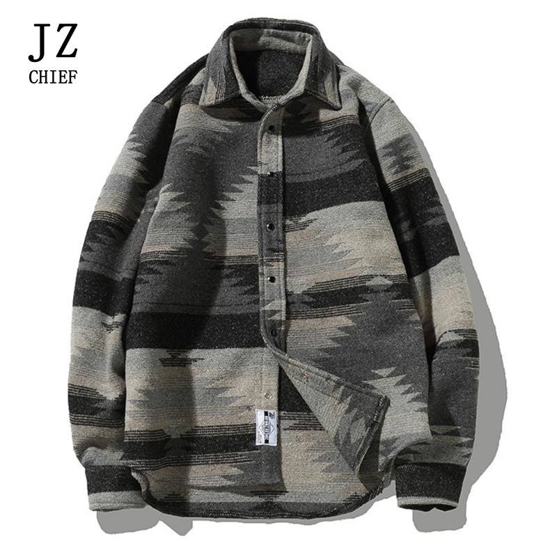 Japanese Style Men Shirt Fashion Hip Hop Plaid Woolen Long Sleeve Shirts Male Streetwear Oversize Casual Camisa Men's