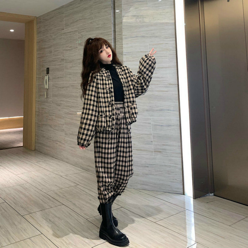 Two Sets Chinese Style Literary Vintage Loose Frog Buckle Plaid Brushed Thickened Set Casual Street Autumn Warm Suits 210510