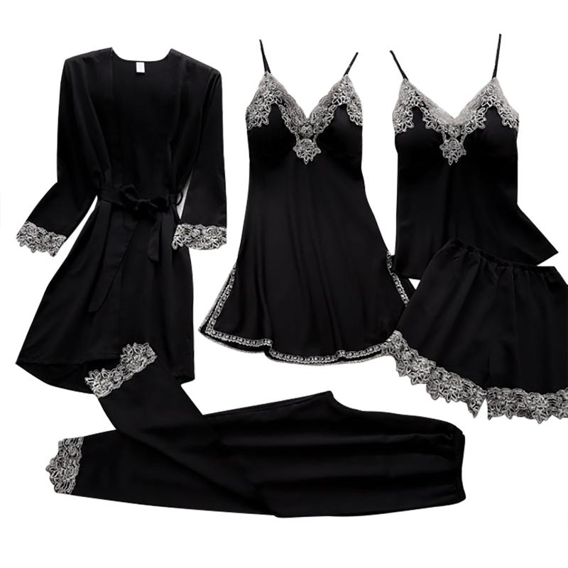 Women's Sleepwear 5PCS Women Sexy Garter Lingerie Set Robes Lace Bodysuit Deep-V Neck Under Wear Clothing Babydoll Pajamas