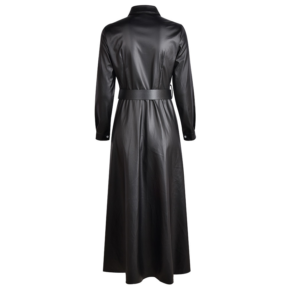 Leather Shirts Dress Casual Ladies Lapel Buttons Black PU Dresses with Belt New Spring Autumn Long Sleeve Women Maxi Dress LJ201204