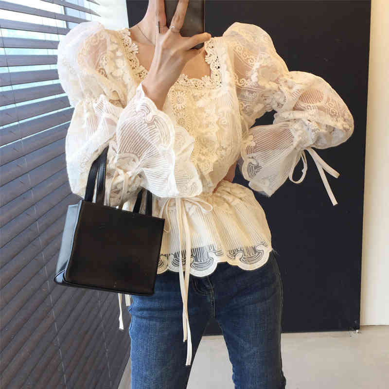 Nomikuma Korean Lace Hook Blouses Lace Up Slim Waist Flare Long Sleeve Shirt Autumn Chic Square Collar Blusas Mujer 6D109 210427