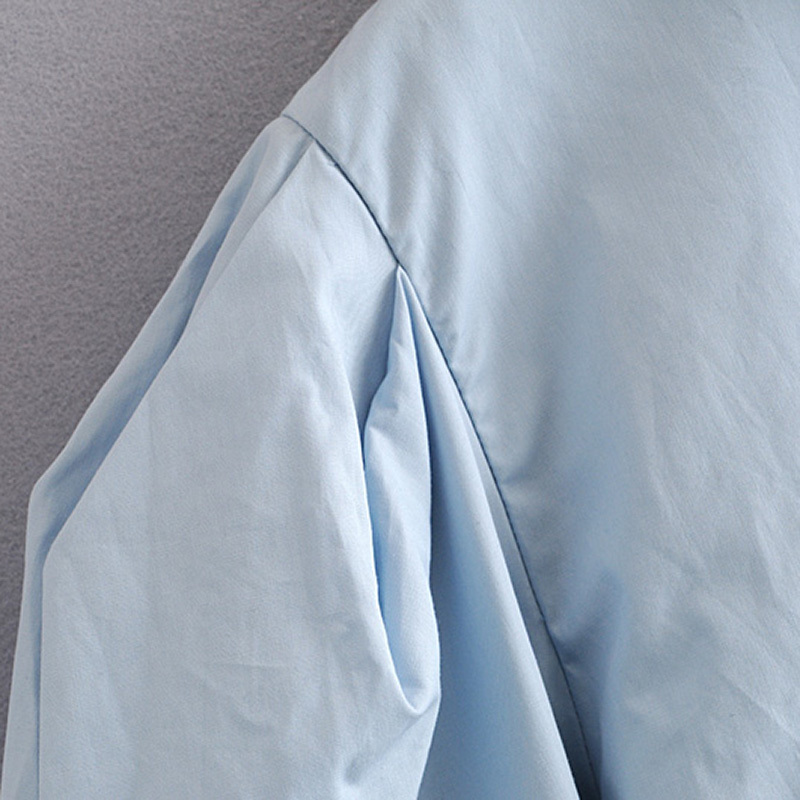 Women Puff Long Sleeve Blue Blouse Retro Vintage Ladies Office Solid Ruffles Shirt Streetwear Casual Cotton Tops Blusas 210508