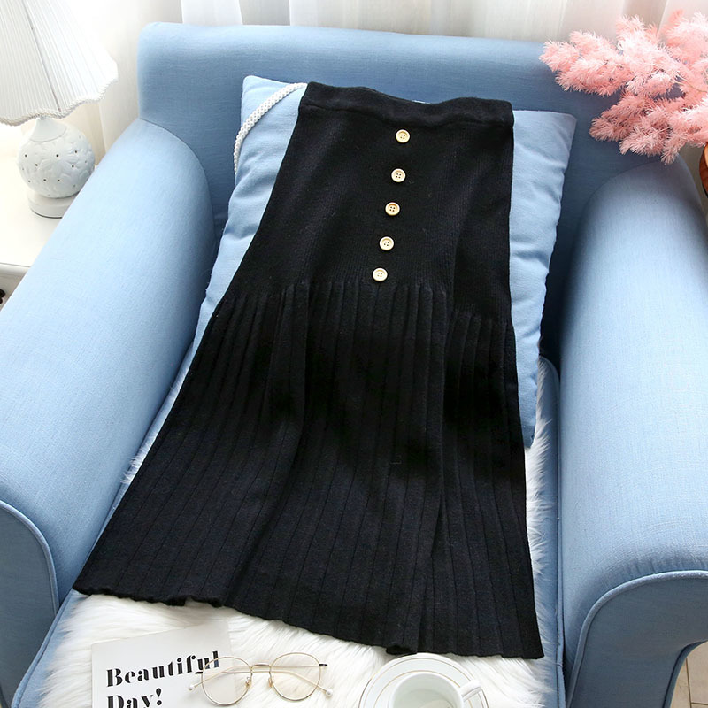 Nomikuma Women Knitted Skirts Autumn Winter Korean Buttons Pleated A-line Sweater Skirt New Elegant Faldas Mujer 6D217 210427