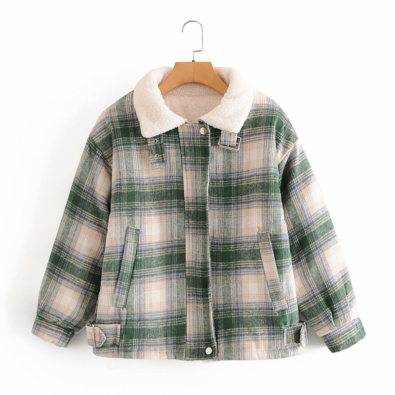 Lapel Long Sleeves Thick Warm Vintage Lattice Lambswool Women's Jacket Coat Fashion Loose with Pockets Chic Female Tops 210507