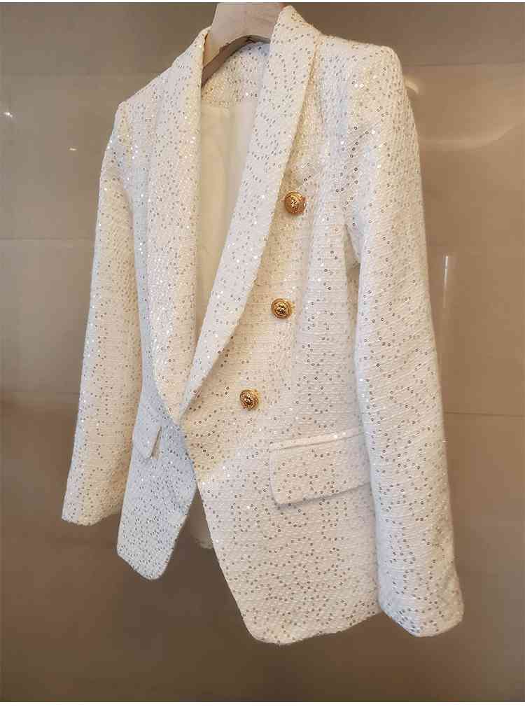High-quality Double Breasted Woven Tweed Women Blazer Notched Collar Jacket Spring Autumn Elegant Ladies Coat 210506