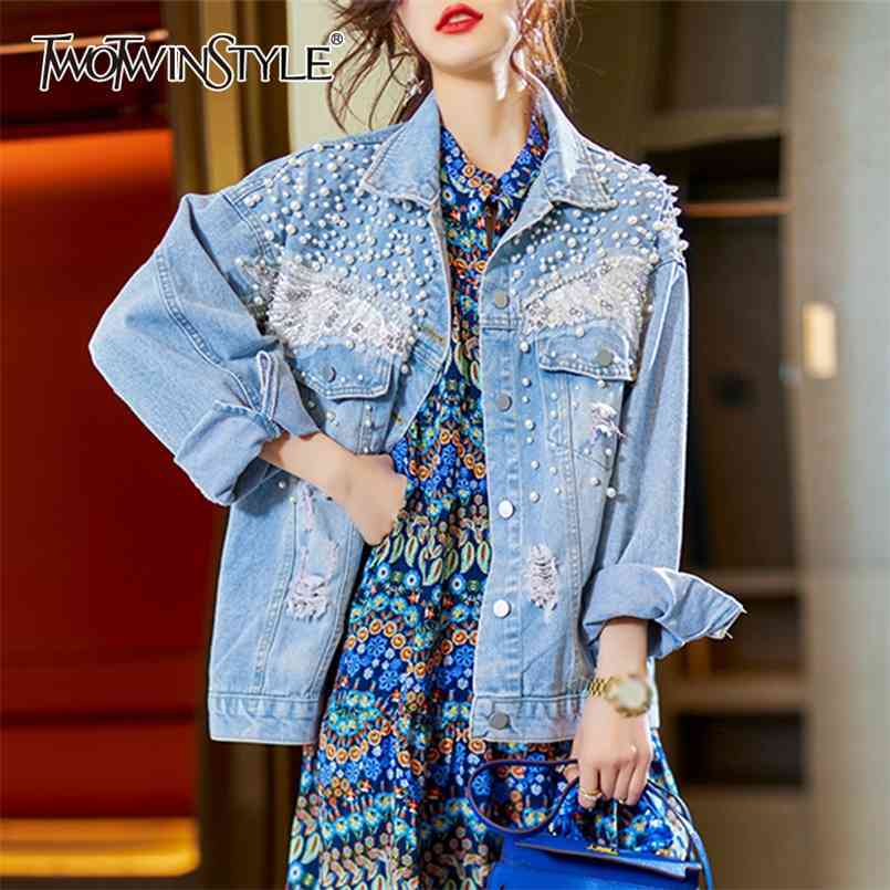 CHICEVER Pearl Patchwork Denim Jacket For Women Lapel Long Sleeve Casual Lace Jackets Female Fashion Clothing Spring 210524, Blue
CHICEVER Pearl Patchwork Denim Jacket For Women Lapel Long Sleeve Casual Lace Jackets Female Fashion Clothing Spring 210524, Blue