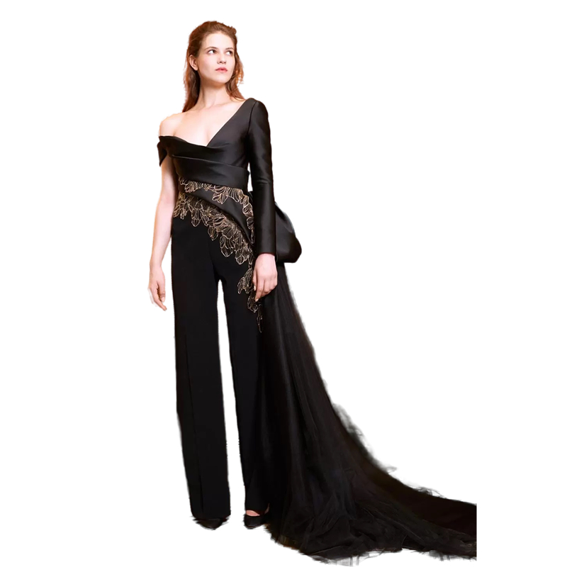 Elegant Black And Gold Women Jumpsuits Evening Dresses With Detachable Train 2022 Sweetheart Lace Appliques Prom Pageant Dress with Pant Jumpsuit Form