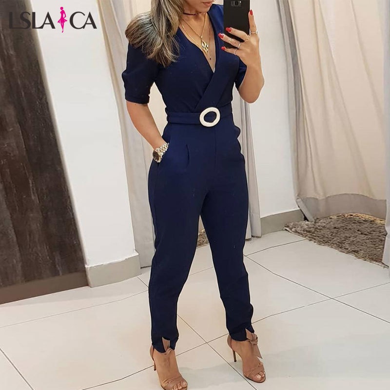 Elegant Slim Women Long Sleeve V Neck Jumpsuits Office Lady Bodysuit Pants Casual Playsuit Solid Color Autumn Fashion 210520